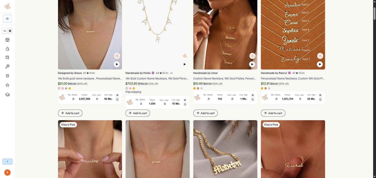 EverBee Chrome extension on Etsy search results showing padlocked Monthly Sales and Conversion Rate columns