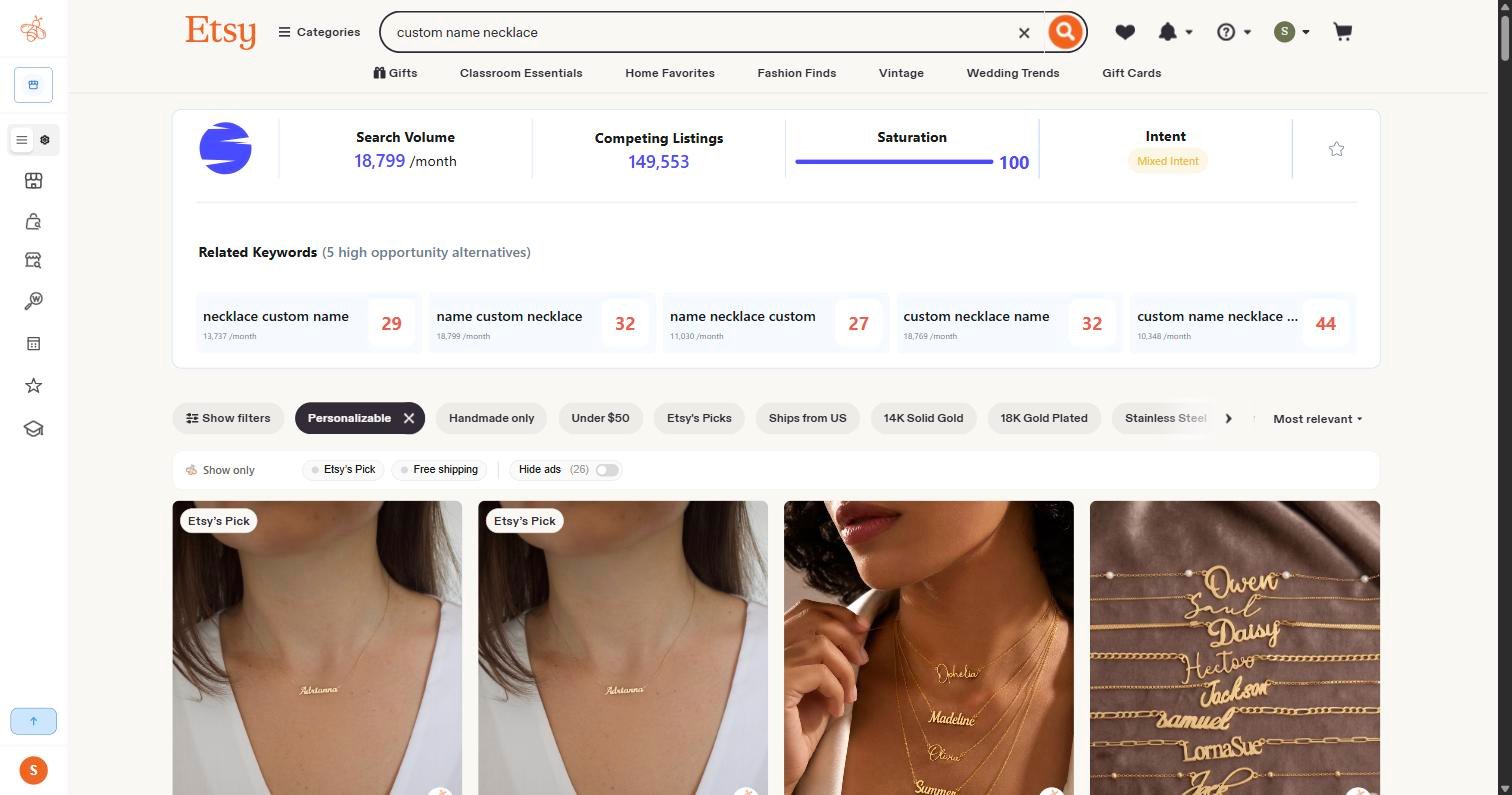 Sale Samurai extension results for custom name necklace showing 18,799 monthly searches, with a related keyword name custom necklace also showing exactly 18,799 per month