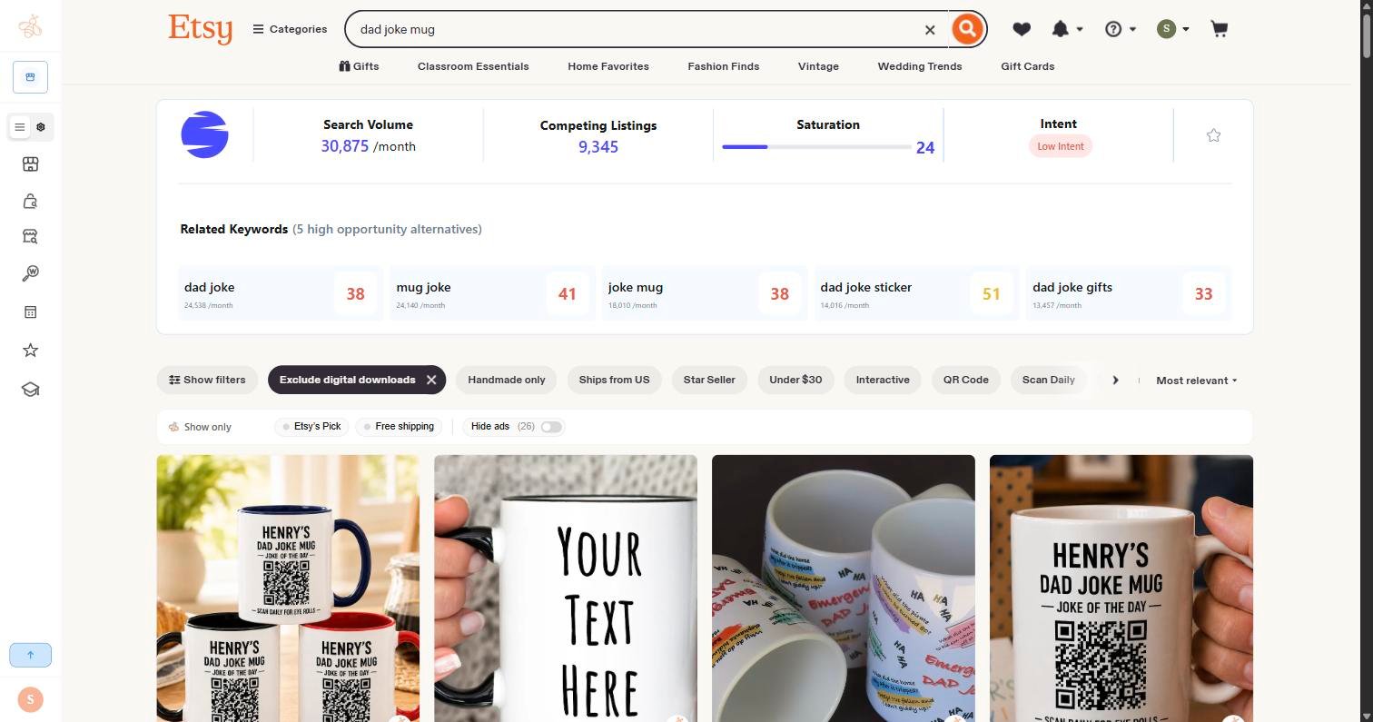 Sale Samurai extension strip on an Etsy search for dad joke mug, showing search volume 30,875 per month, 9,345 competing listings, saturation 24, and low intent