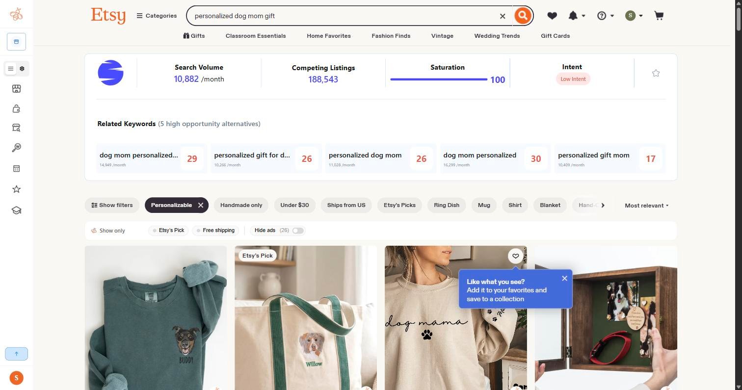 Sale Samurai extension results for personalized dog mom gift showing 10,882 monthly searches, 188,543 competing listings, saturation 100 and low intent