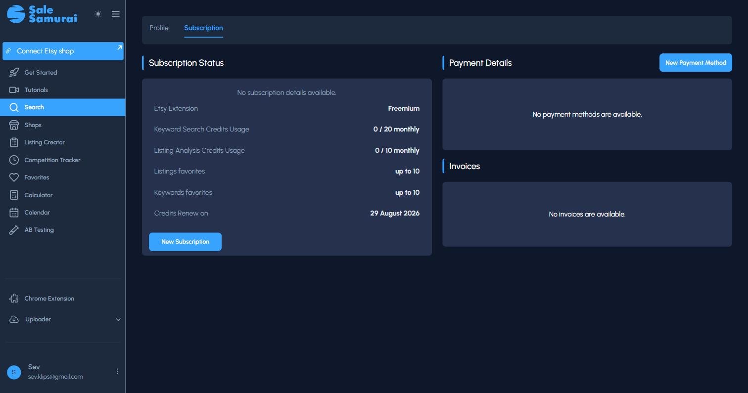 Sale Samurai web app with Search highlighted in the left navigation but the subscription page rendered instead, showing no explanation of why the tool is unavailable