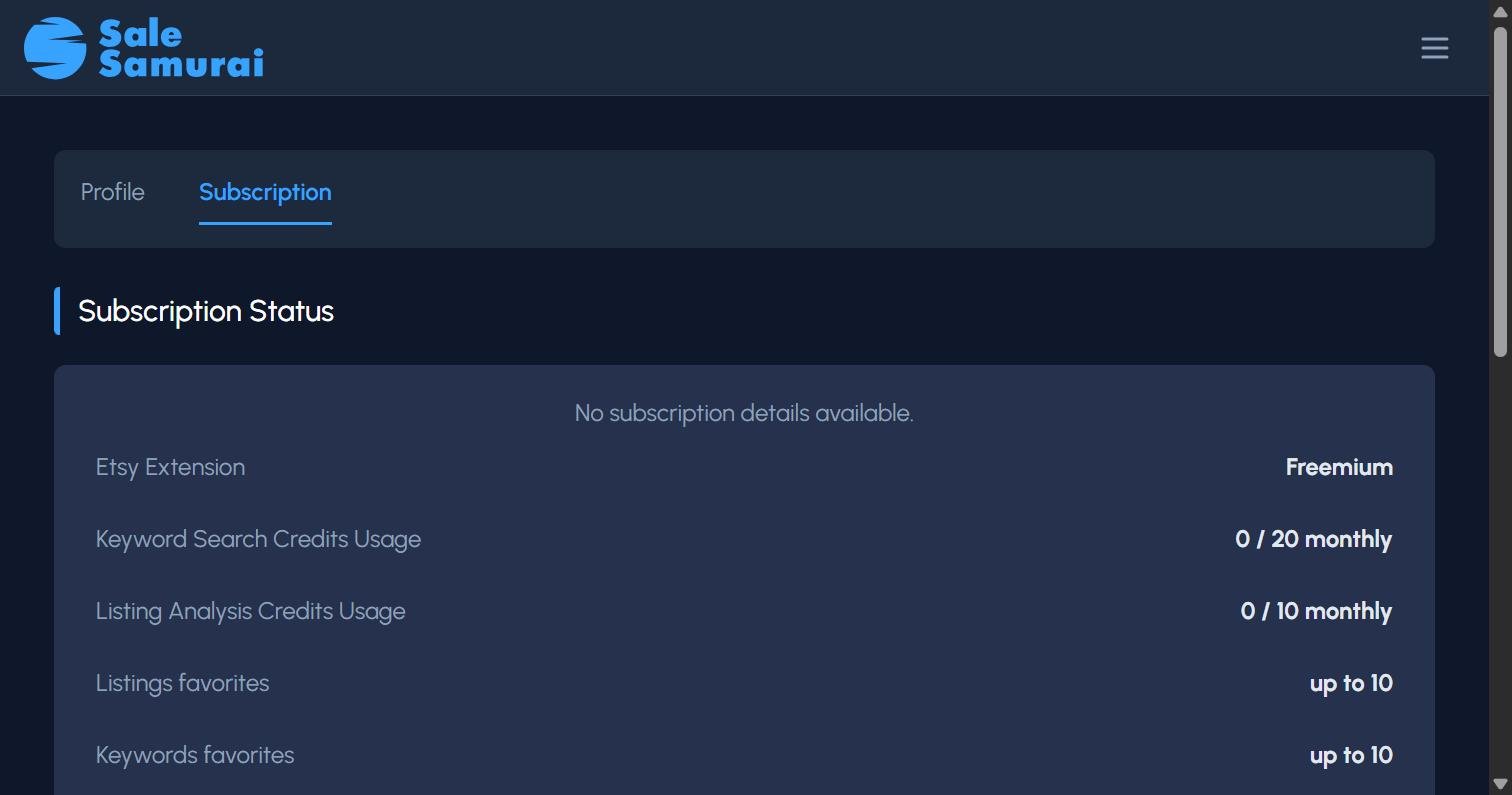 Sale Samurai subscription status page showing Etsy Extension Freemium, Keyword Search Credits Usage 0 of 20 monthly, and Listing Analysis Credits Usage 0 of 10 monthly